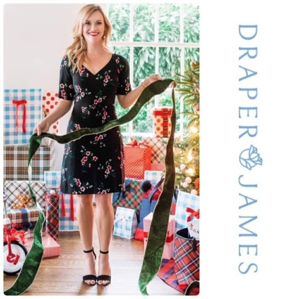 New Draper James Floral Print V-Neck Black Midi Dress NWT Size 0